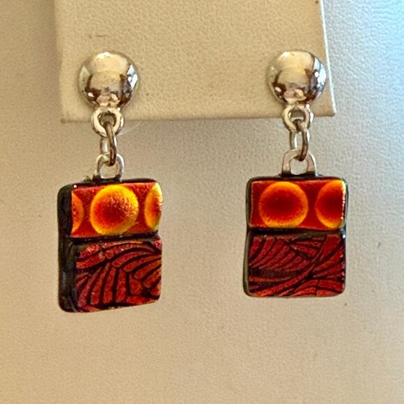 Hand Crafted Jewelry - Orange & Red Dichroic Fused Glass Artisan Earrings